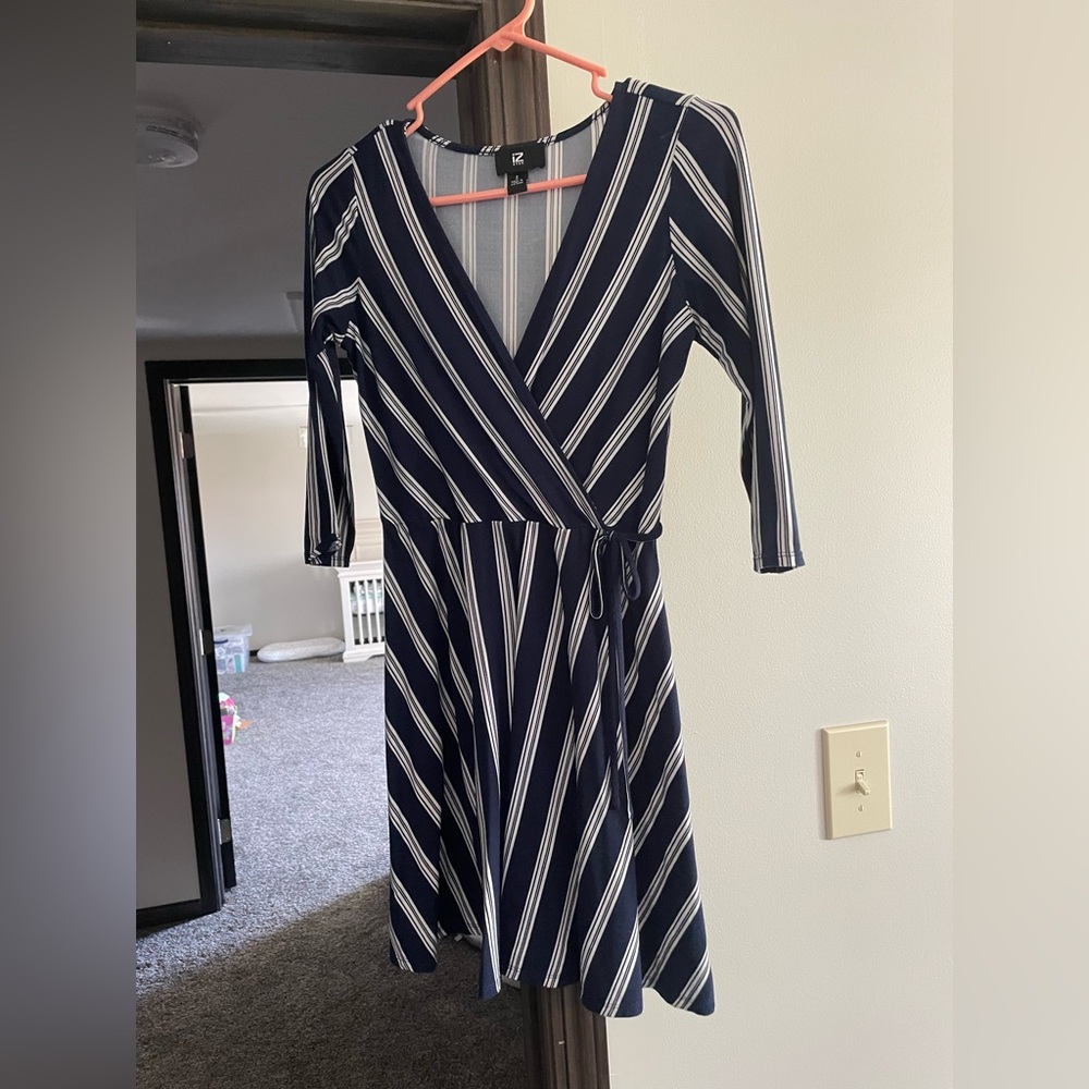 Navy & white striped half sleeve medium length dress